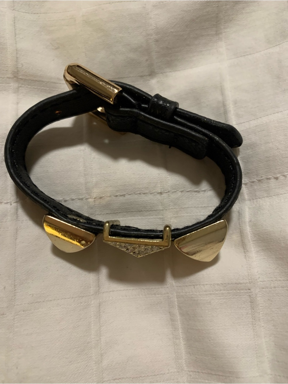 Black Leather Bracelet with Triangular Gold and Rhinestone Studs